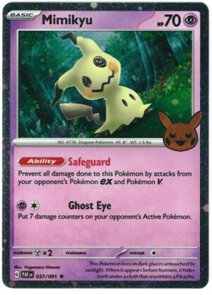 SV Paldean Fates 037/091 Mimikyu (Pikachu Pumpkin Cosmo Holo Stamp)