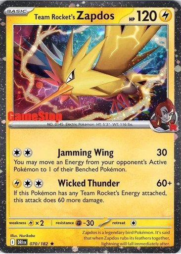SV Destined Rivals 070/182 Team Rocket's Zapdos (Cosmo Holo GameStop Stamp)