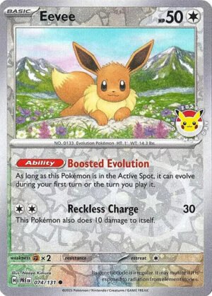 SV Prismatic Evolutions 074/131 Eevee (Reverse Cosmo Holo Pokemon Day Stamp