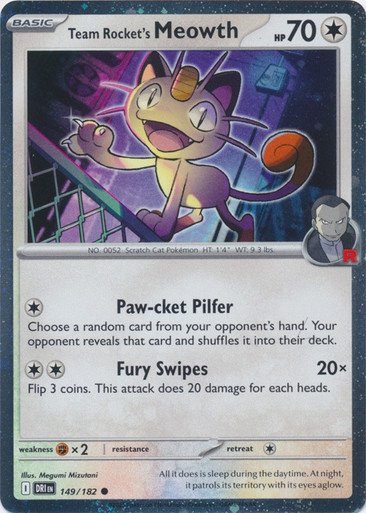 SV Destined Rivals 149/182 Team Rocket’s Meowth (Cosmo Holo)